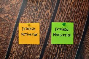 Intrinsic Motivation and Extrinsic Motivation write on sticky notes isolated on office desk. photo