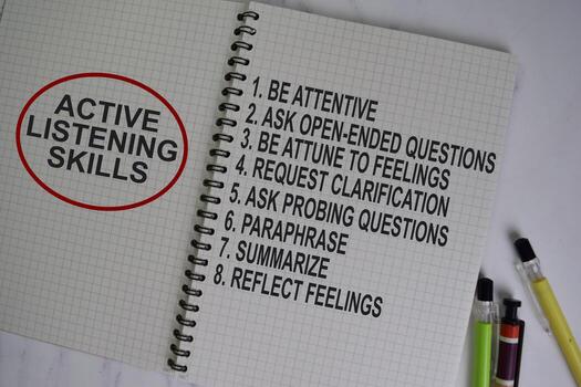 Active Listening Skills write on a book with keyword isolated on Wooden Table. photo