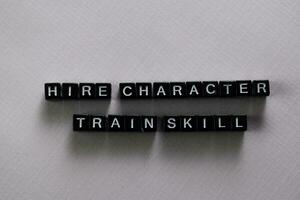 Hire character. Train skill on wooden blocks. Motivation and inspiration concept photo