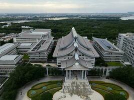 Aerial view of Buddhist architecture building in Jakarta, This building is one of the main tourist attractions in North Jakarta. JAKARTA, INDONESIA - JANUARY, 8, 2021 photo