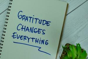 Concept of Gratitude Changes Everything write on a book isolated on Wooden Table. photo