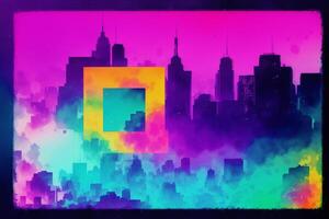 Abstract colorful watercolor background with skyscrapers. beautiful silhouette of the city. Digital art, photo