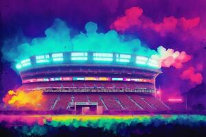 Stadium on the watercolor background. Stylized drawing.Abstract colorful background. Watercolor paint. Digital art, photo