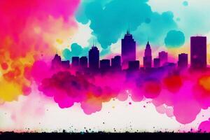 Abstract colorful watercolor background with skyscrapers. beautiful silhouette of the city. Digital art, photo