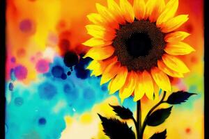 Sunflower on a multicolored background with a place for text. Watercolor paint. Digital art, photo