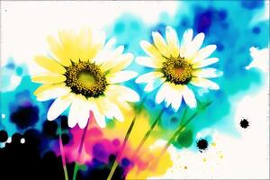 Abstract floral background with watercolor splashes. daisy flower on watercolor background. Watercolor paint. Digital art, photo