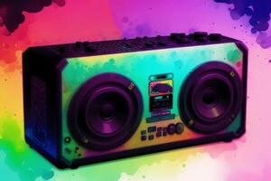 Grunge music background with boombox. Abstract colorful background. Watercolor paint. Digital art, photo