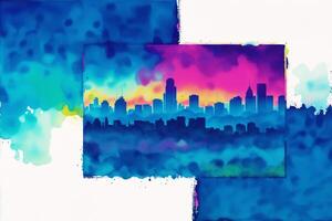 Abstract colorful watercolor background with skyscrapers. beautiful silhouette of the city. Digital art, photo