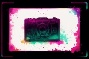 Digital camera with colorful watercolor splashes. Abstract colorful background. Watercolor paint. Digital art, photo