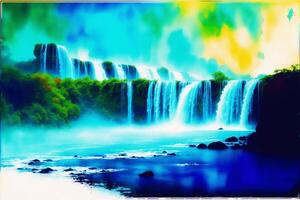 Waterfall on the river. Colorful abstract background. Digital painting. Watercolor paint. photo