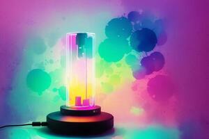 Vintage led light bulb on colorful watercolor splashes background. Watercolor paint. Digital art, photo