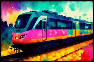 Modern high-speed train on the background of the city. Watercolor paint. Digital art, photo