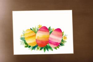 Easter postcard. Colorful easter eggs and watercolor paints on a wooden background. Watercolor paint. Digital art, photo
