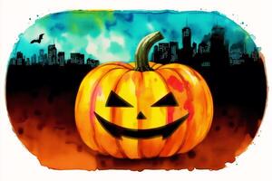Halloween postcard. Halloween background with pumpkins and watercolor splash. Watercolor paint. Digital art, photo