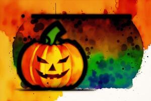 Halloween postcard. Halloween background with pumpkins and watercolor splash. Watercolor paint. Digital art, photo