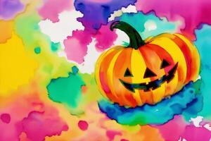 Halloween postcard. Halloween background with pumpkins and watercolor splash. Watercolor paint. Digital art, photo