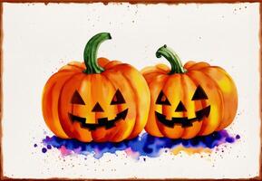 Halloween postcard. Halloween background with pumpkins and watercolor splash. Watercolor paint. Digital art, photo