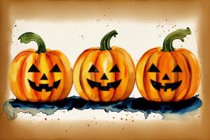 Halloween postcard. Halloween background with pumpkins and watercolor splash. Watercolor paint. Digital art, photo