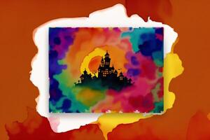 Halloween postcard. Halloween background with pumpkins and watercolor splash. Watercolor paint. Digital art, photo