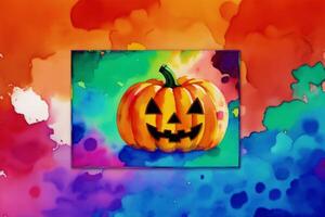 Halloween postcard. Halloween background with pumpkins and watercolor splash. Watercolor paint. Digital art, photo
