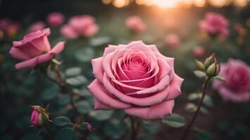 rosado Rosa flor con un hermosa puesta de sol luz, generar ai foto