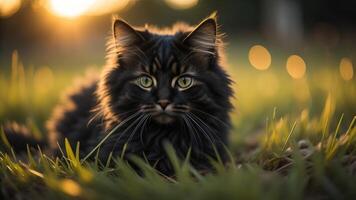 linda negro gato en un campo de césped con reluciente puesta de sol luz, ai generado foto