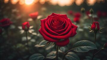 hermosa rojo Rosa con un bokeh antecedentes y hermosa puesta de sol luz, ai generado foto