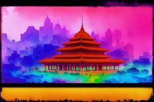 Chinese ancient temple. Digital painting..Watercolor paint. Digital art, photo