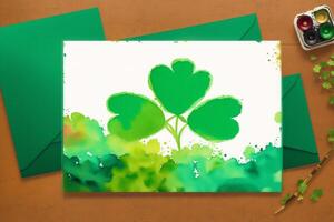 St. Patricks Day postcard. St. Patrick s Day background. Watercolor paint. Copy space. photo