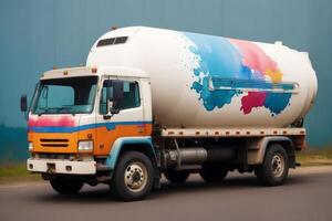 A colorful truck. A colorful painting of a truck with a rainbow. colored trailer. Watercolor paint. Digital art, photo
