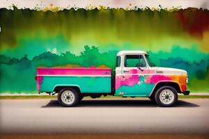 A colorful truck. A colorful painting of a truck with a rainbow. colored trailer. Watercolor paint. Digital art, photo