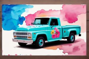 A colorful truck. A colorful painting of a truck with a rainbow. colored trailer. Watercolor paint. Digital art, photo