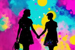 orgullo mes.un ilustración de dos mujer participación manos lesbianas Pareja gasto hora juntos.lgbtq generativo ai foto