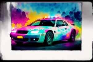 Vintage color police car on grunge background. Watercolor paint. Digital art, photo