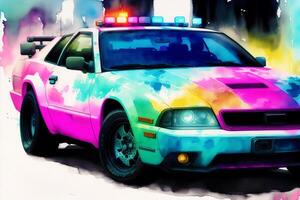 Vintage color police car on grunge background. Watercolor paint. Digital art, photo