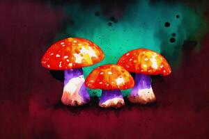 Beautiful mushrooms on the watercolor background. Watercolor paint. Digital art, photo