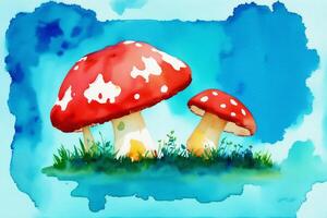 Beautiful mushrooms on the watercolor background. Watercolor paint. Digital art, photo