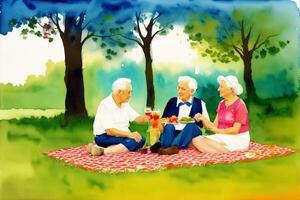 An illustration of old people. Watercolor paint. Happy family spending time together.Age Diversity. photo