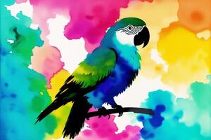 Illustration of a parrot on abstract watercolor background. Watercolor paint. Digital art, photo