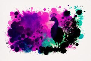 Illustration of a peacock on abstract watercolor background. Watercolor paint. Digital art, photo