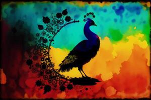 Illustration of a peacock on abstract watercolor background. Watercolor paint. Digital art, photo