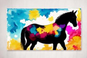 Illustration of a horse on abstract watercolor background. Watercolor paint. Digital art, photo