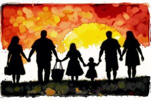 un ilustración de un familia. silueta. acuarela pintar. contento familia gasto hora juntos.edad diversidad. generativo ai foto