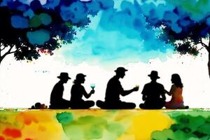 An illustration of A family. silhouette. Watercolor paint. Happy family spending time together.Age Diversity. photo