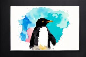 Illustration of a penguin on abstract watercolor background. Watercolor paint. Digital art, photo