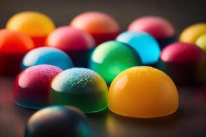 close up of Colorful jelly candies on a wooden background, sweet food. Colorful candies on a dark background. photo