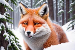 Red fox in the winter forest. Fox in the snowy forest. Animal in nature. Wildlife scene. photo