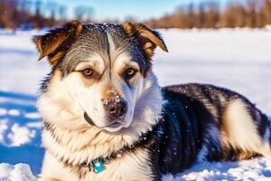 Portrait of a cute mixed breed dog lying on the grass in the park. photo