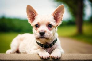 Portrait of a Cute puppy of the Yorkshire Terrier dog standing on the green grass in the park. photo