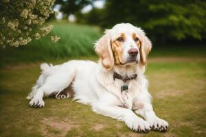 retrato de un hermosa Inglés setter perro en el parque. generativo ai foto